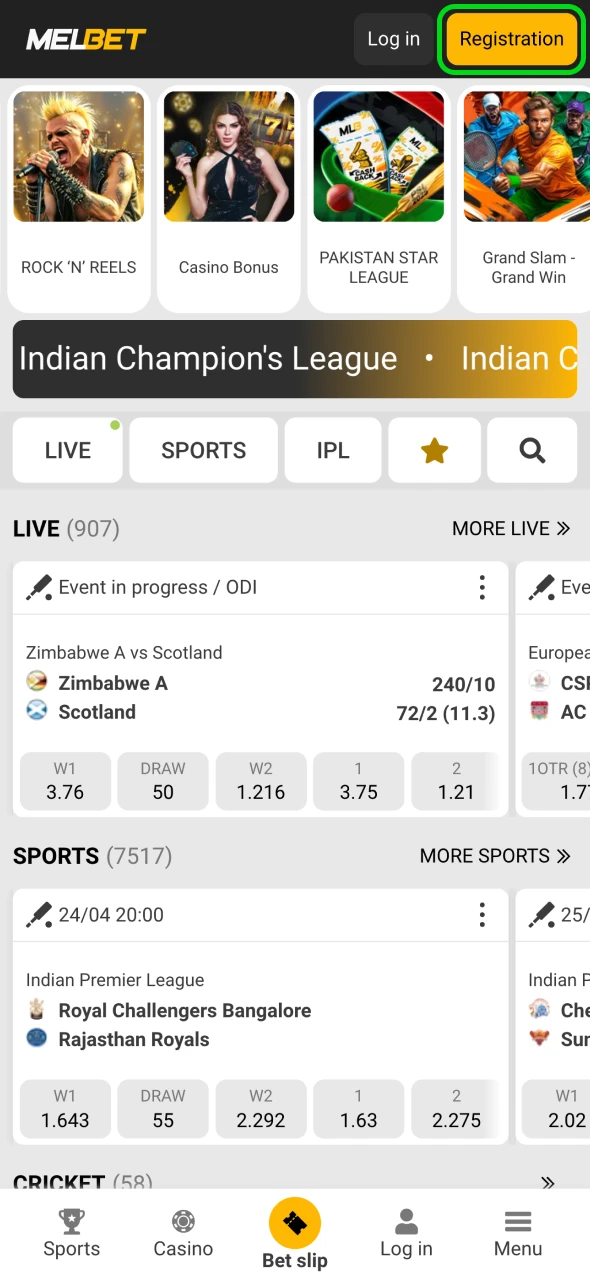 Click the registration button on Melbet site.