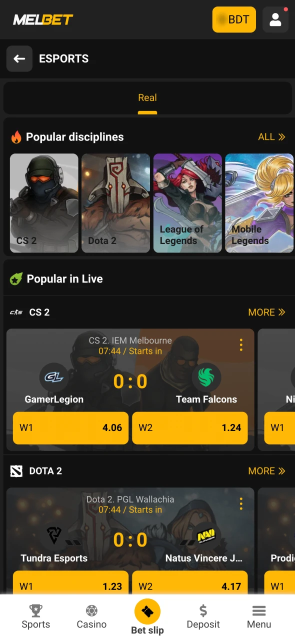 Click on the eSports tab in Melbet main menu.