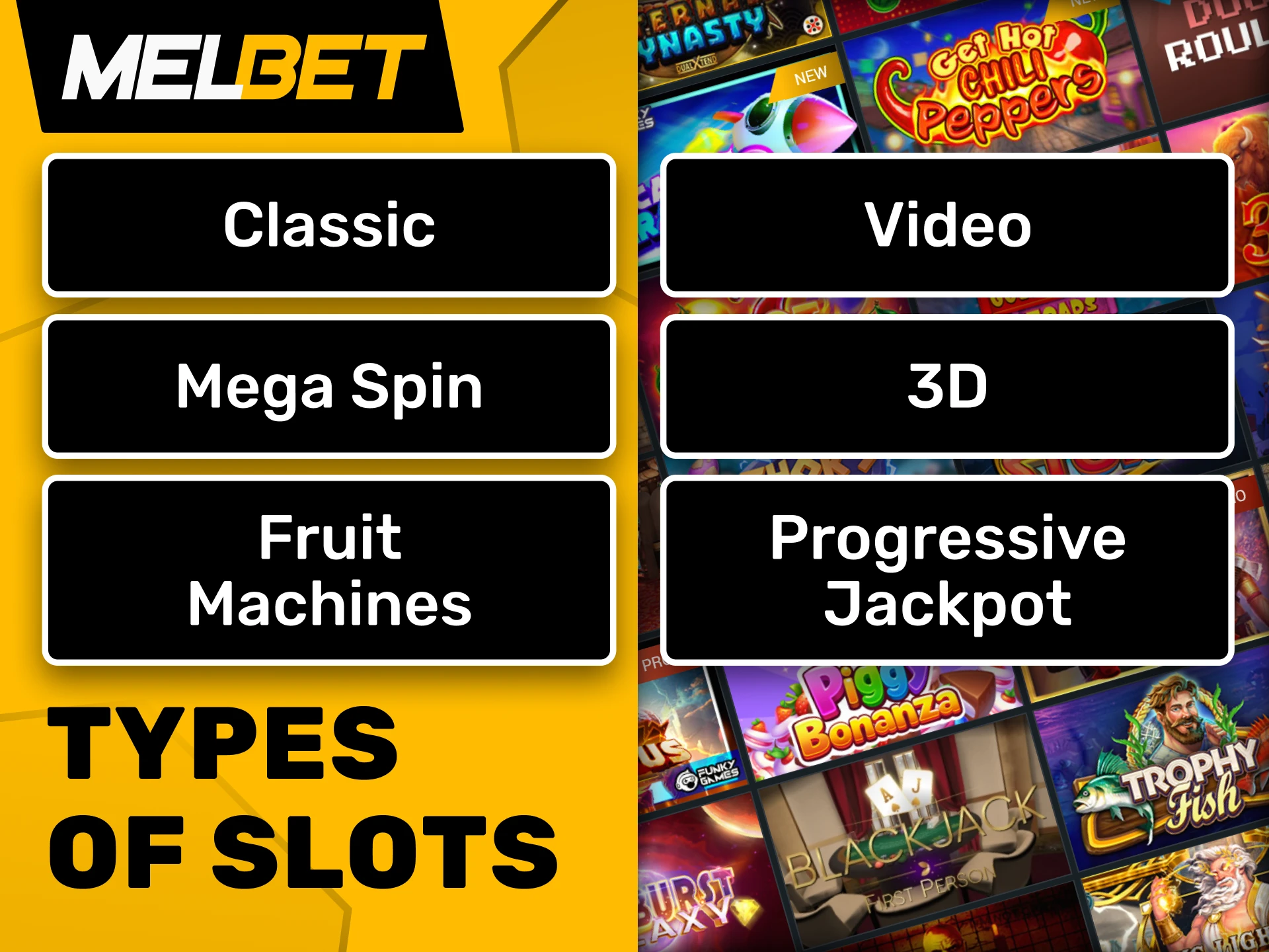 Check out the variety of slot games available at Melbet.