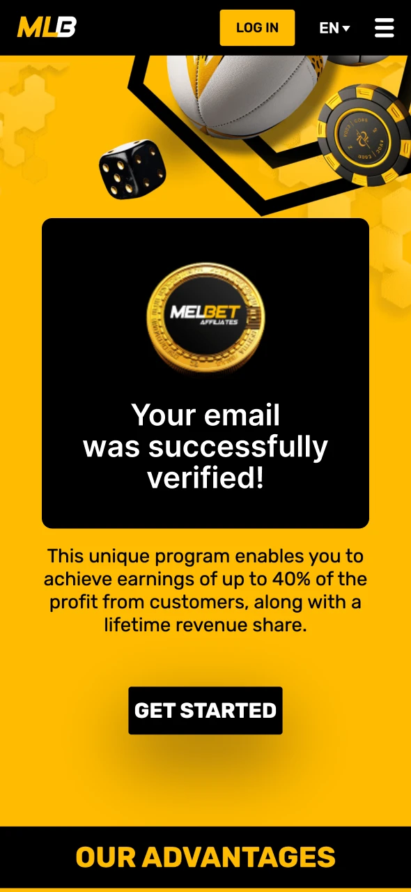 Verify your email address to access Melbet affiliate account.