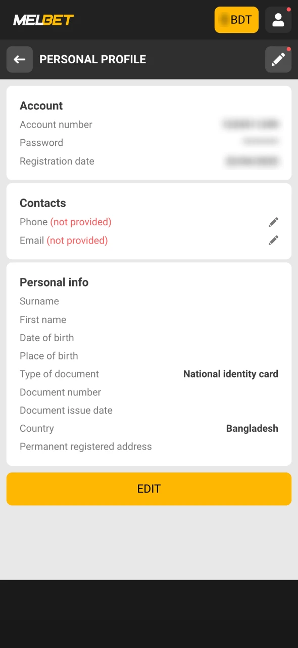 Complete your profile at Melbet website or app.