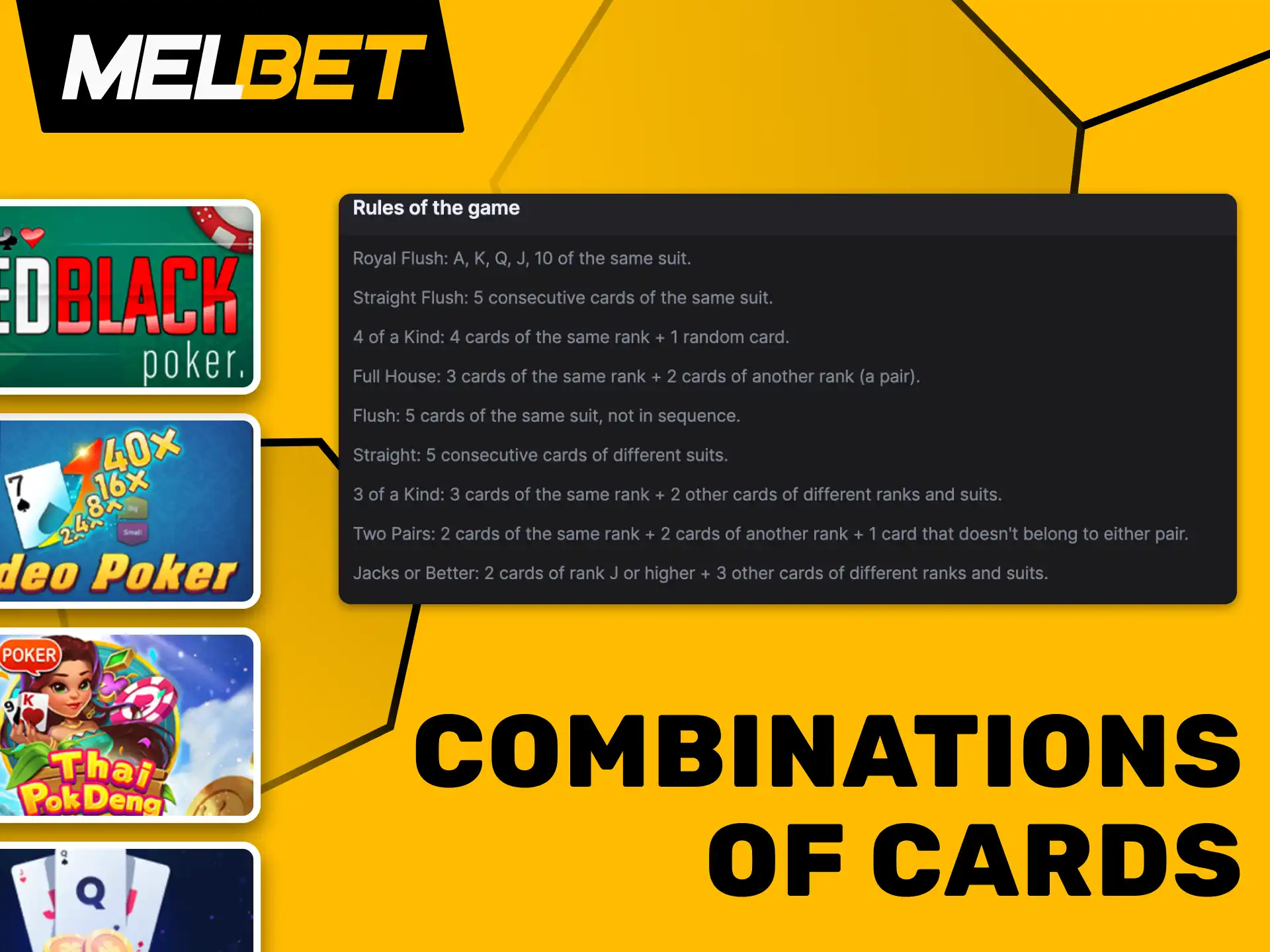 Understand how poker hands rank from Straight Flush to Two Pair at Melbet and use this knowledge at the table.